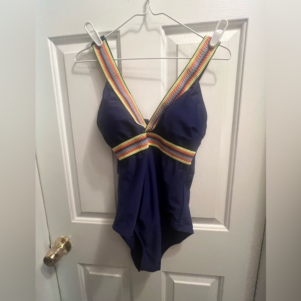 Navy One Piece Swimsuit with Rainbow Trim